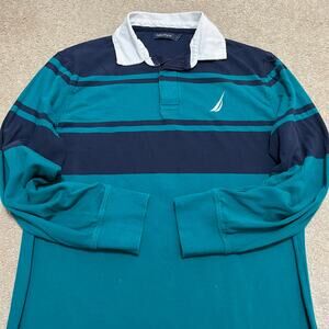 Nautica Turquoise/Navy Long Sleeve Rugby Polo Shirt Large